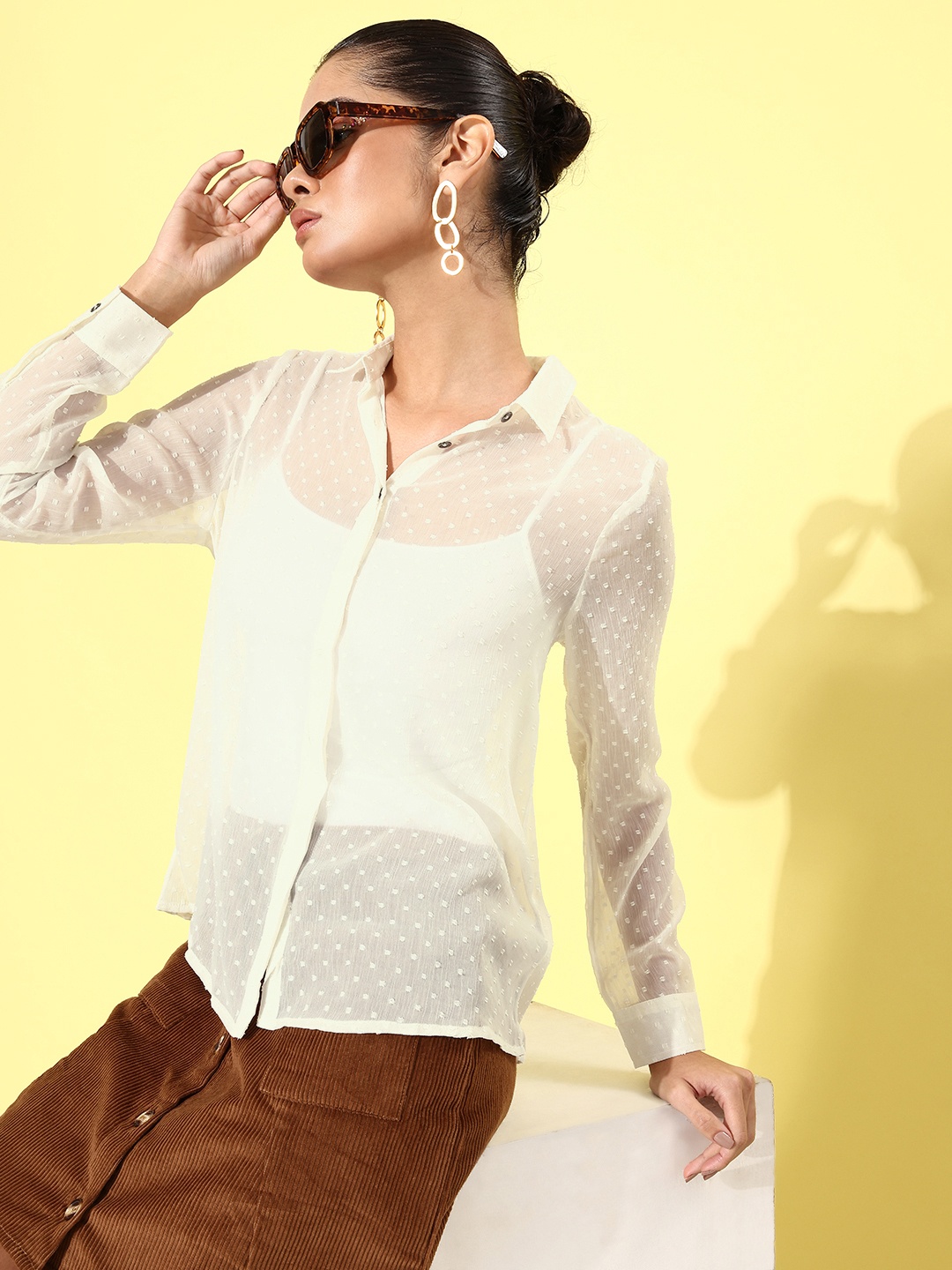 

her by invictus Dobby Semi Sheer Casual Shirt, Off white