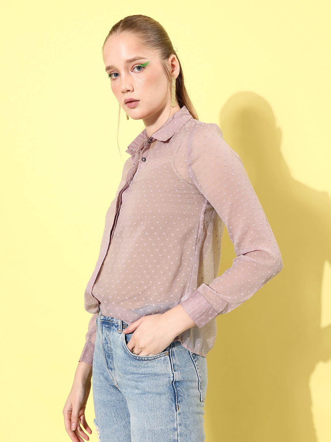 

her by invictus Dobby Semi Sheer Casual Shirt, Mauve