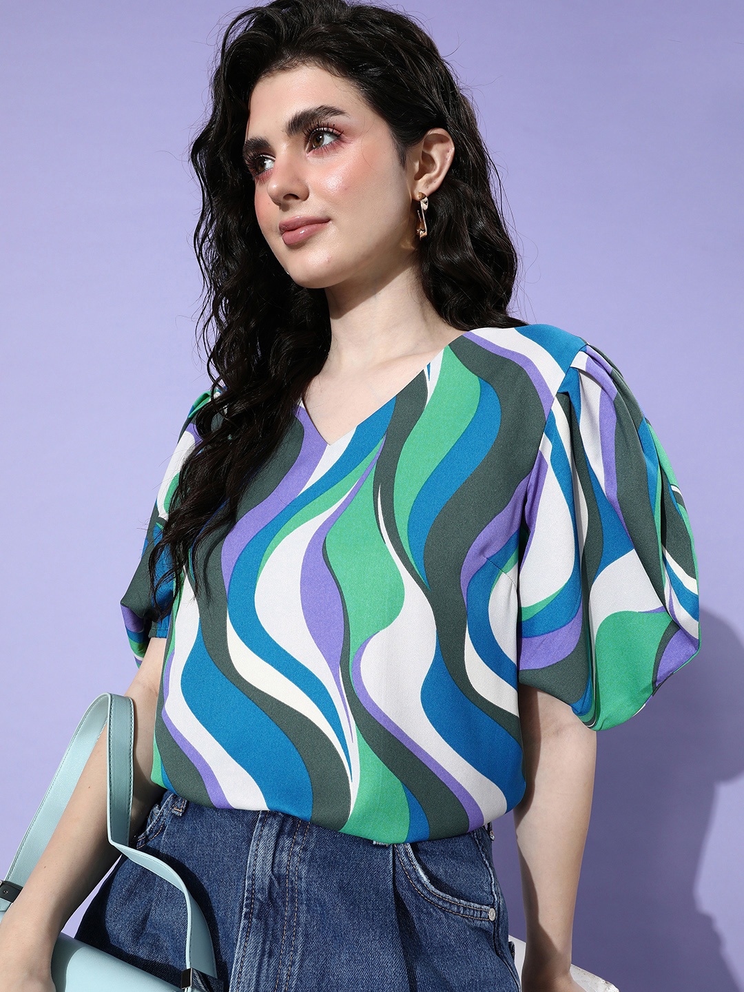 

her by invictus Charming Blue & Green Print Once Upon A Sleeve Top