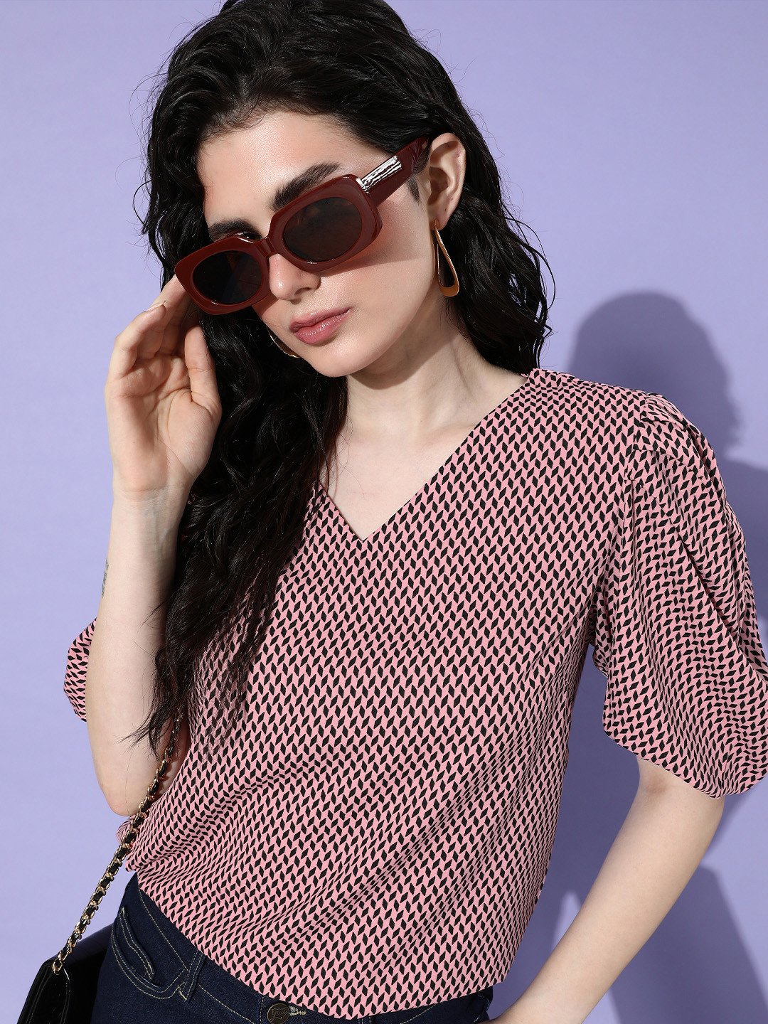 

her by invictus Puff Sleeves Geometric Printed Top, Pink