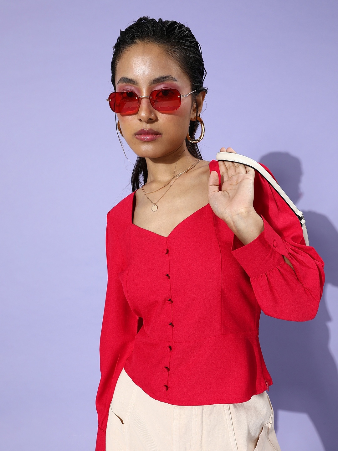 

her by invictus Blood Red New Necklines Cuffed Sleeves Top