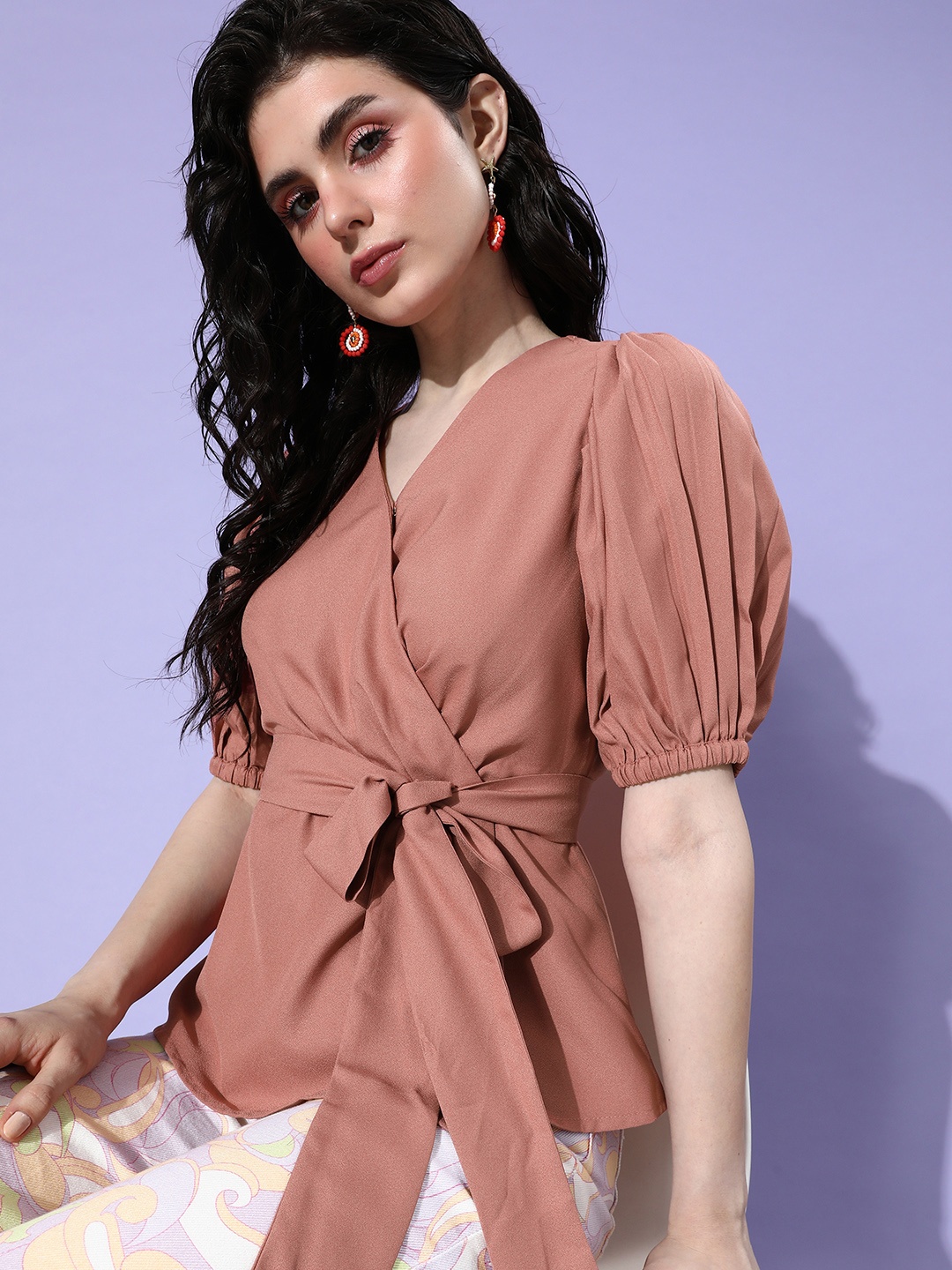 her by invictus Warm Mauve Solid Once Upon A Sleeve Wrap Top With Waist Tie-ups