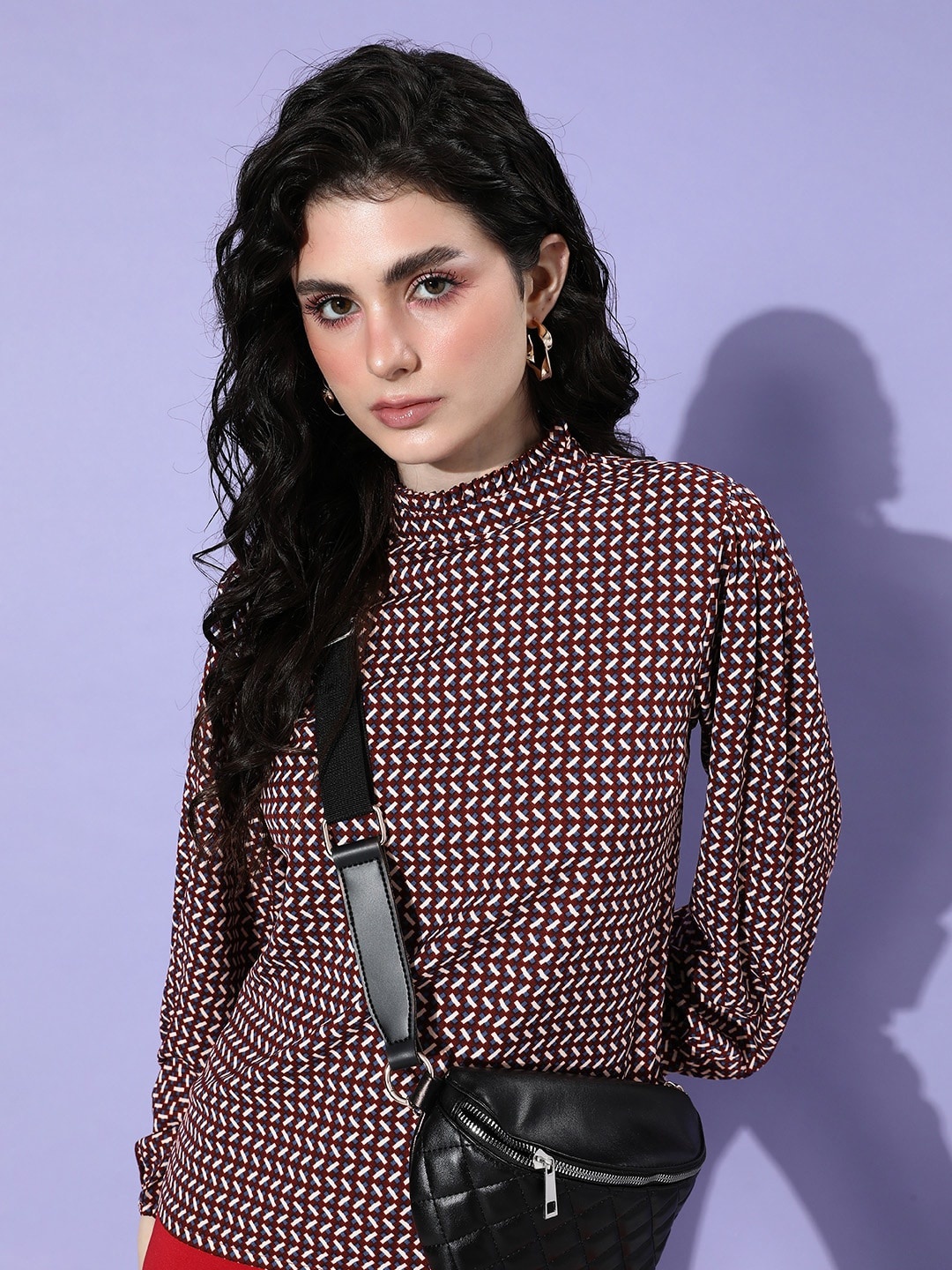 

her by invictus Earthy Maroon Geometric Print Once Upon A Sleeve Top