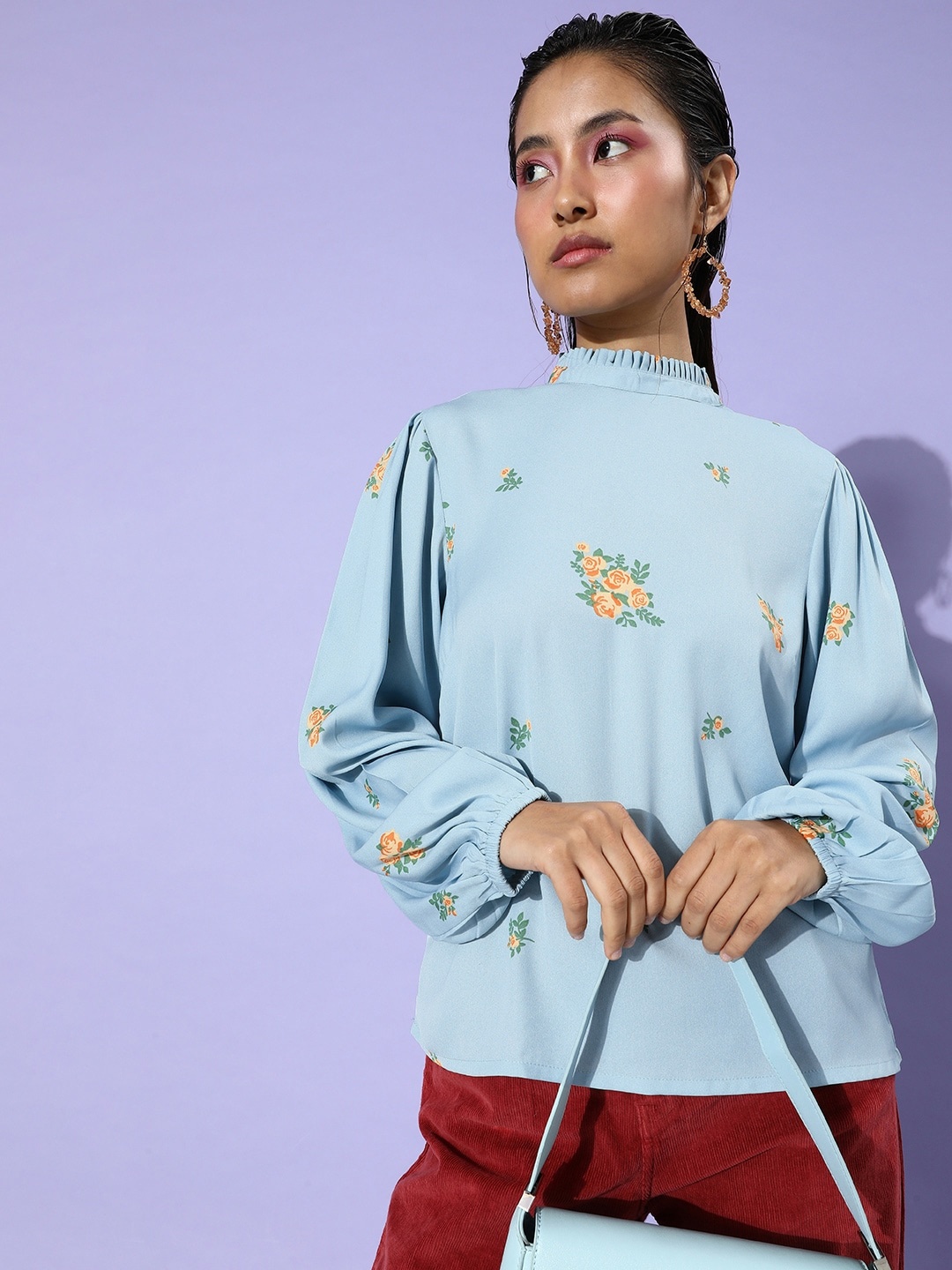 

her by invictus Floral Printed Puff Sleeve Top, Blue
