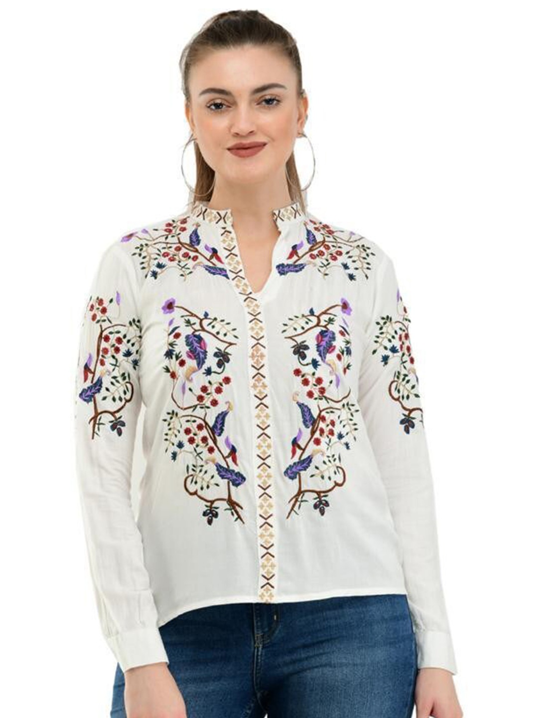 

TAARAA Off White & Purple Embroidered Mandarin Collar Shirt Style Top