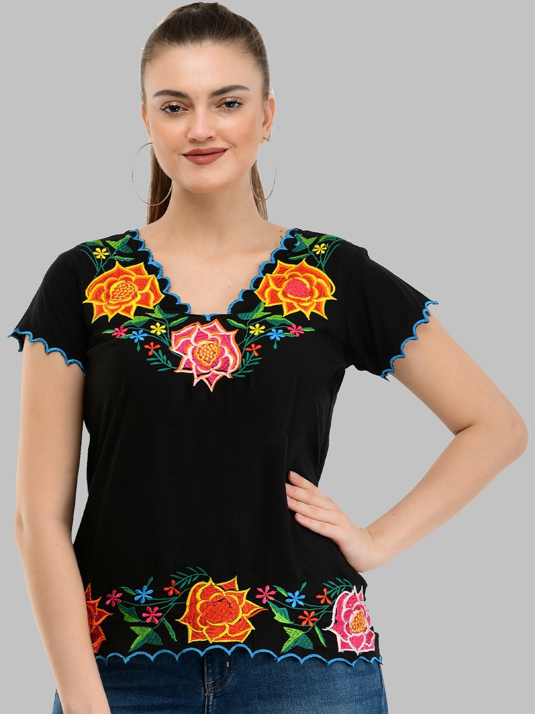 

TAARAA Black & Orange Floral Embroidered V-Neck Top