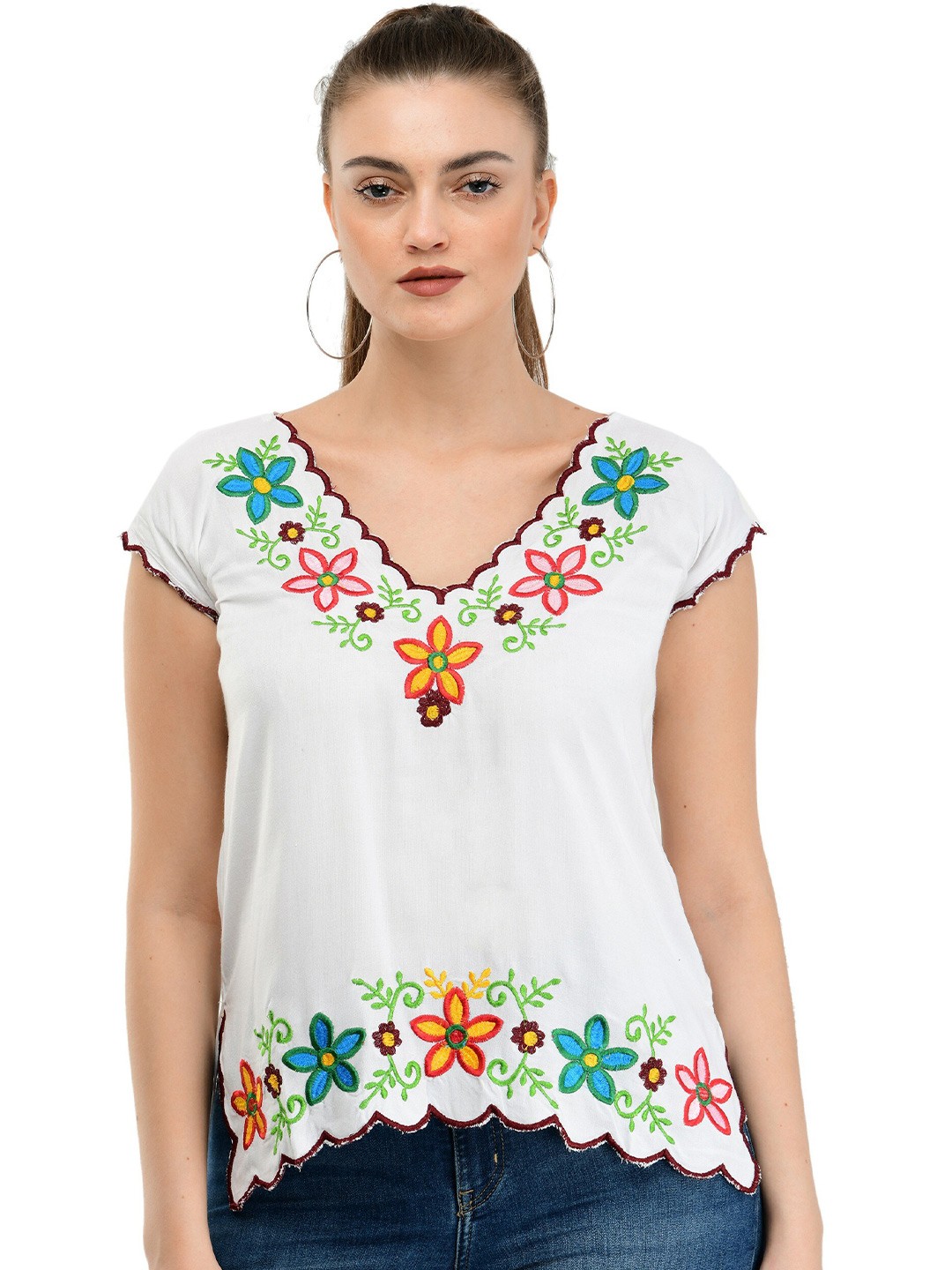 

TAARAA White & Blue Embroidered V-Neck Extended Sleeves Top