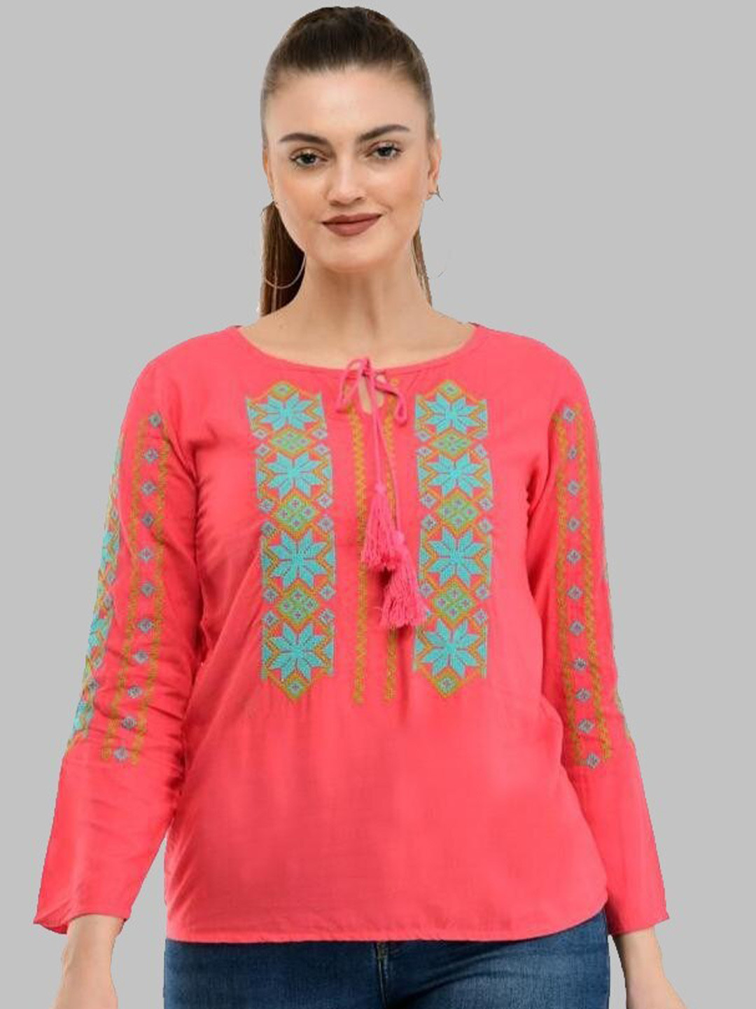 

TAARAA Pink & Sea Green Embroidered Tie-Up Neck Top