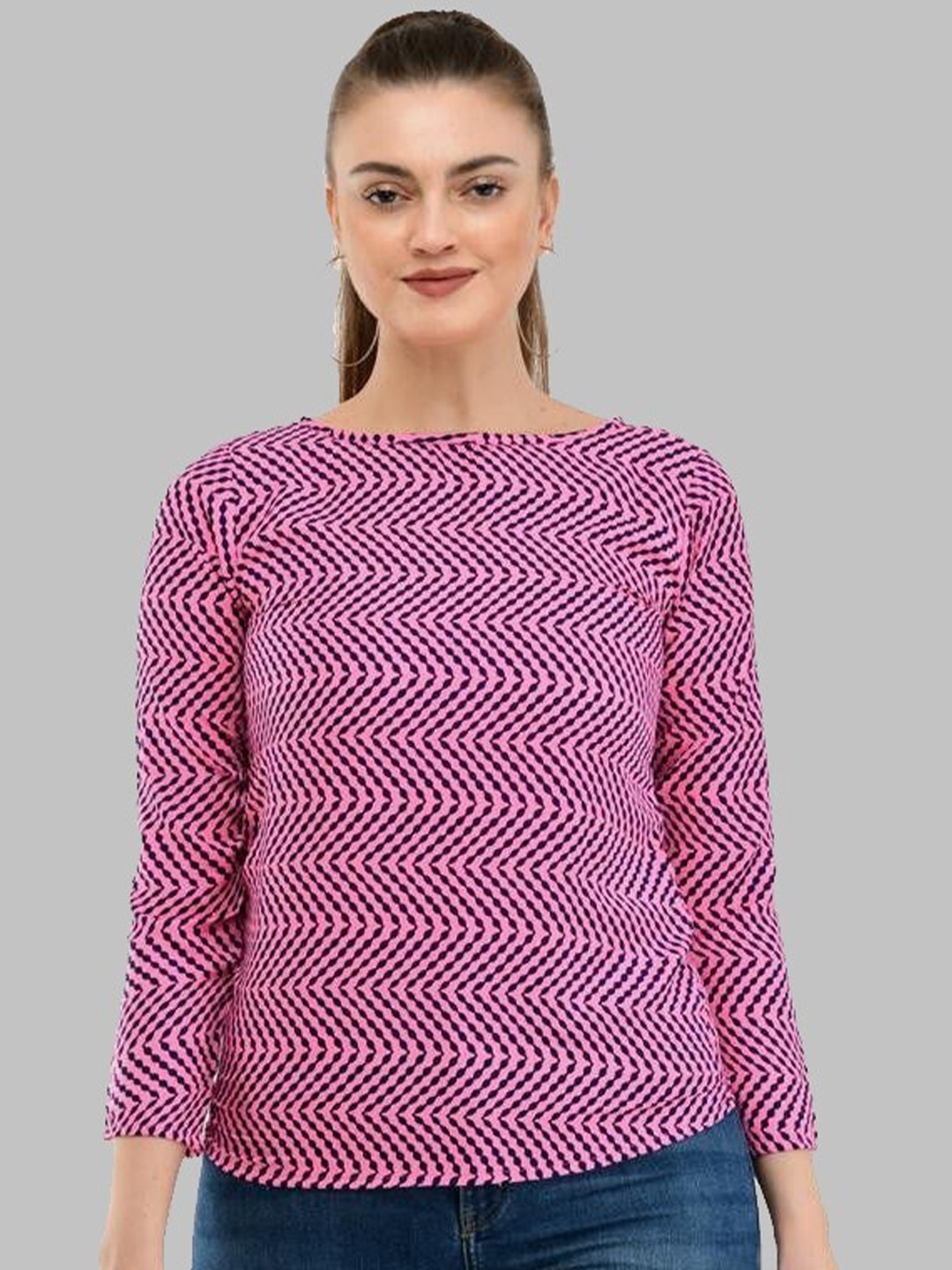 

TAARAA Pink & Black Geometric Printed Boat Neck Top