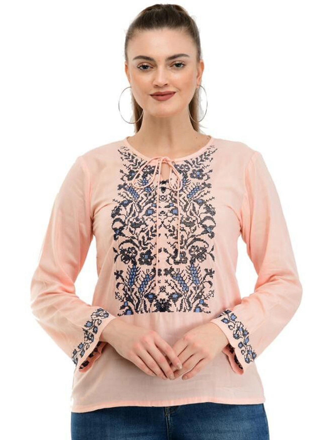 

TAARAA Peach & Black Geometric Embroidered Tie-Up Neck Top