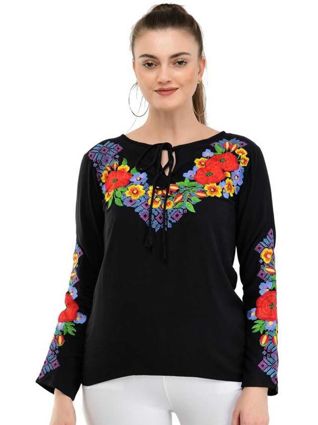 

TAARAA Black & Blue Floral Embroidered Tie-Up Neck Top