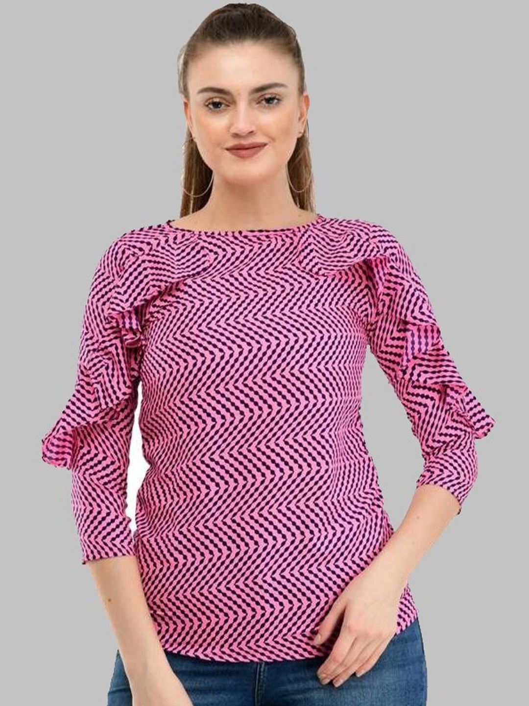 

TAARAA Pink & Black Geometric Printed Boat Neck Top