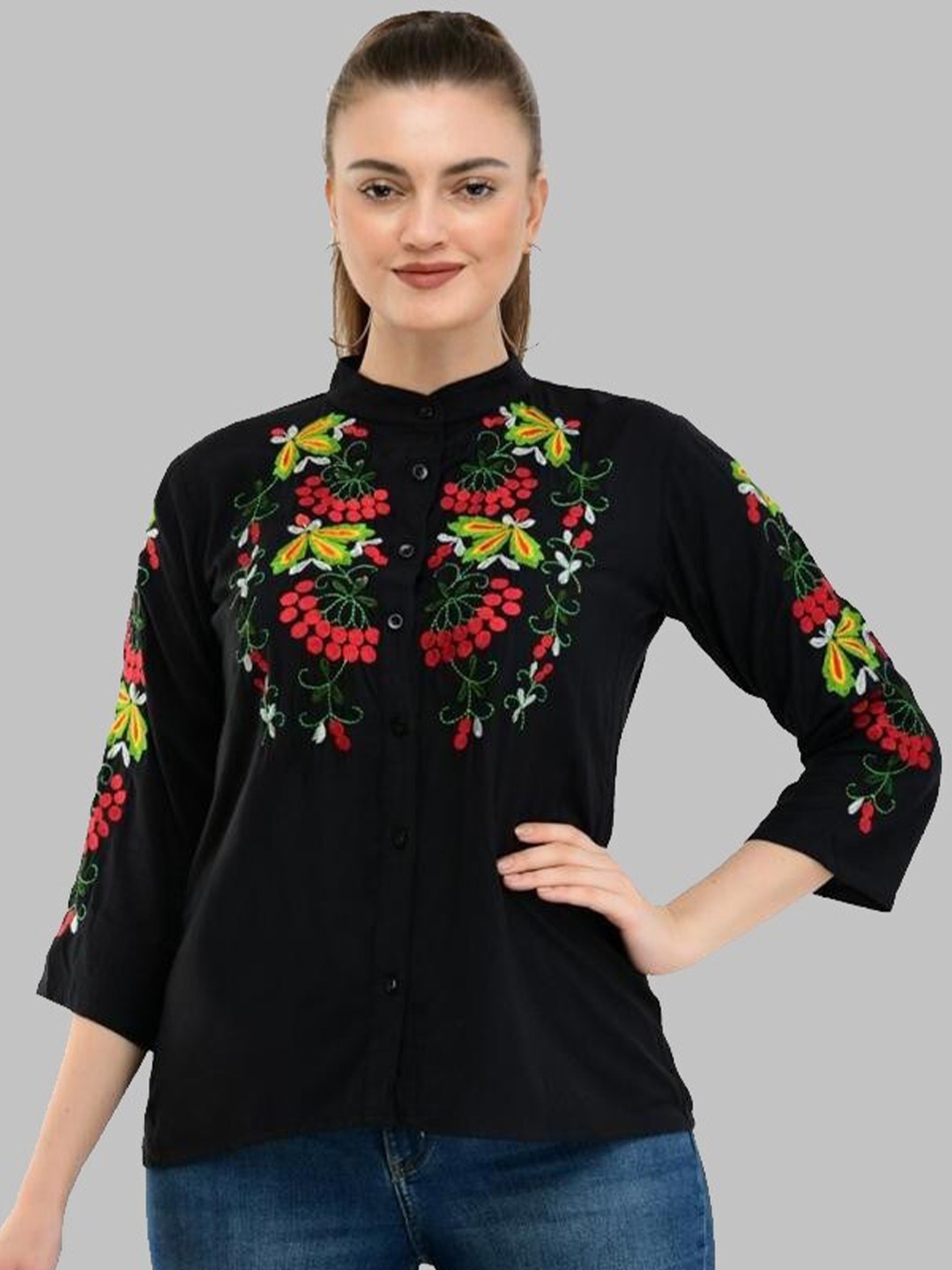 

TAARAA Black & Red Embroidered Mandarin Collar Shirt Style Top