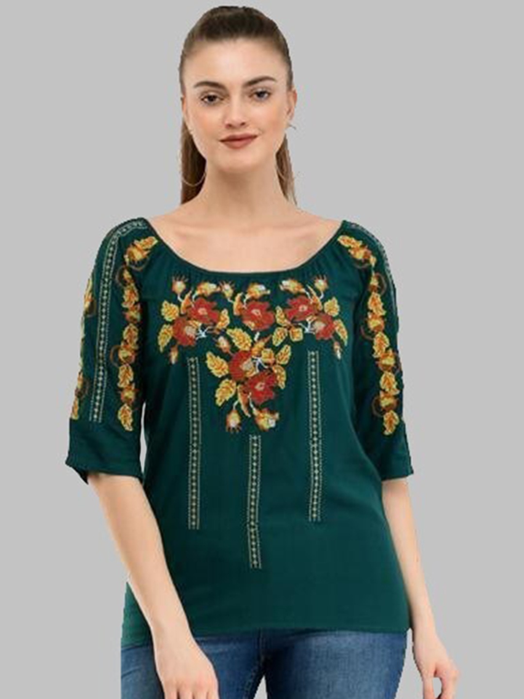 

TAARAA Green & Yellow Floral Embroidered Extended Sleeves Top