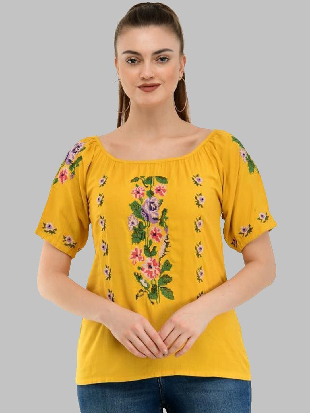 

TAARAA Yellow & Green Floral Embroidered Extended Sleeves Top