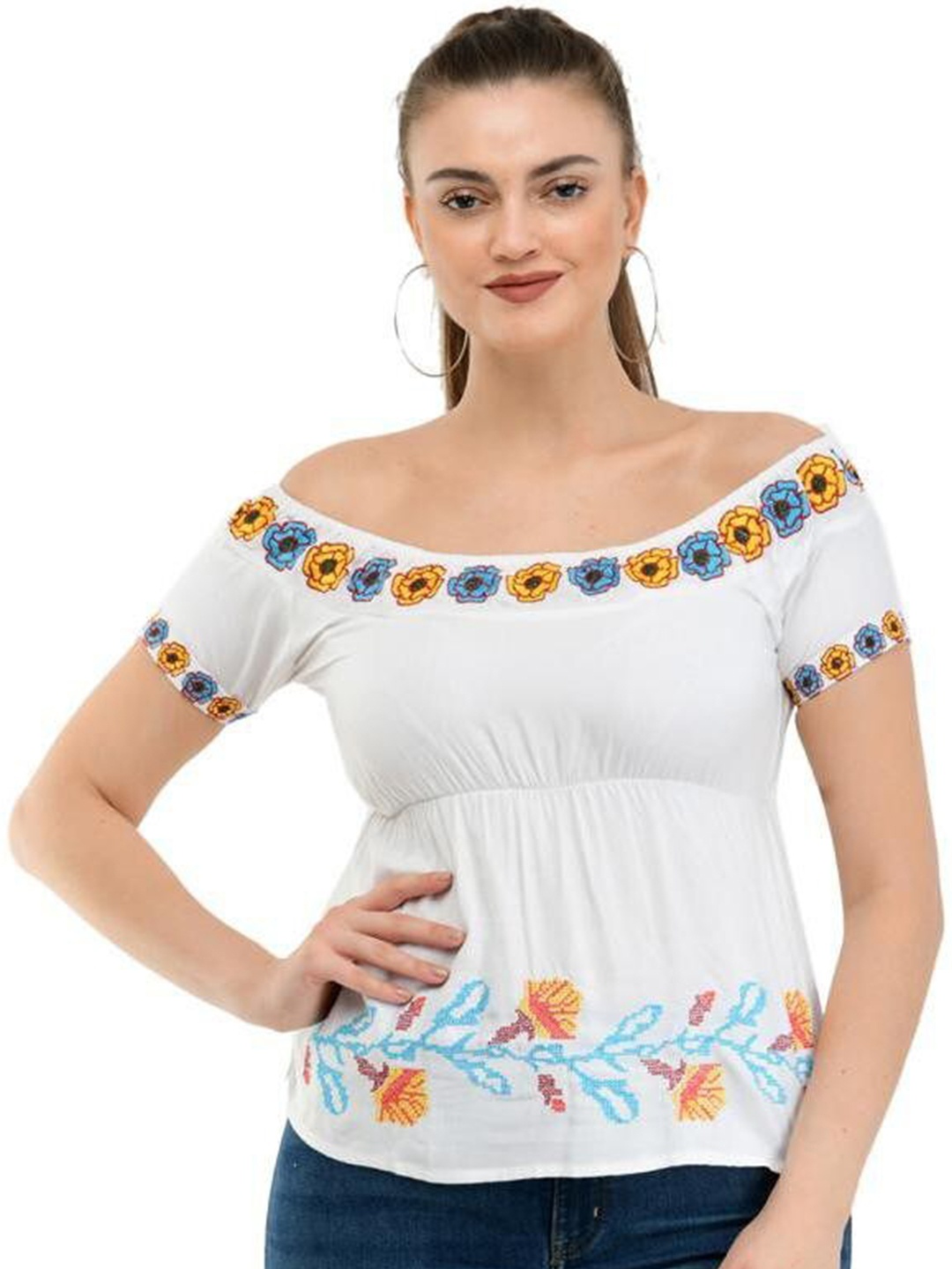 

TAARAA White & Blue Embroidered Off-Shoulder Cinched Waist Top