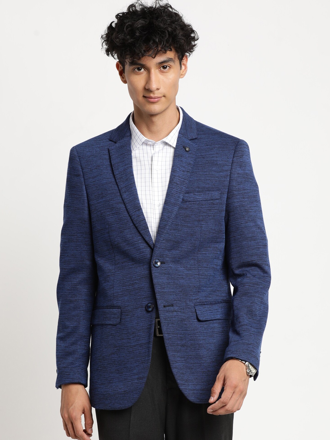 

Turtle Men Navy Blue Self Design Single Breasted Casual Blazer