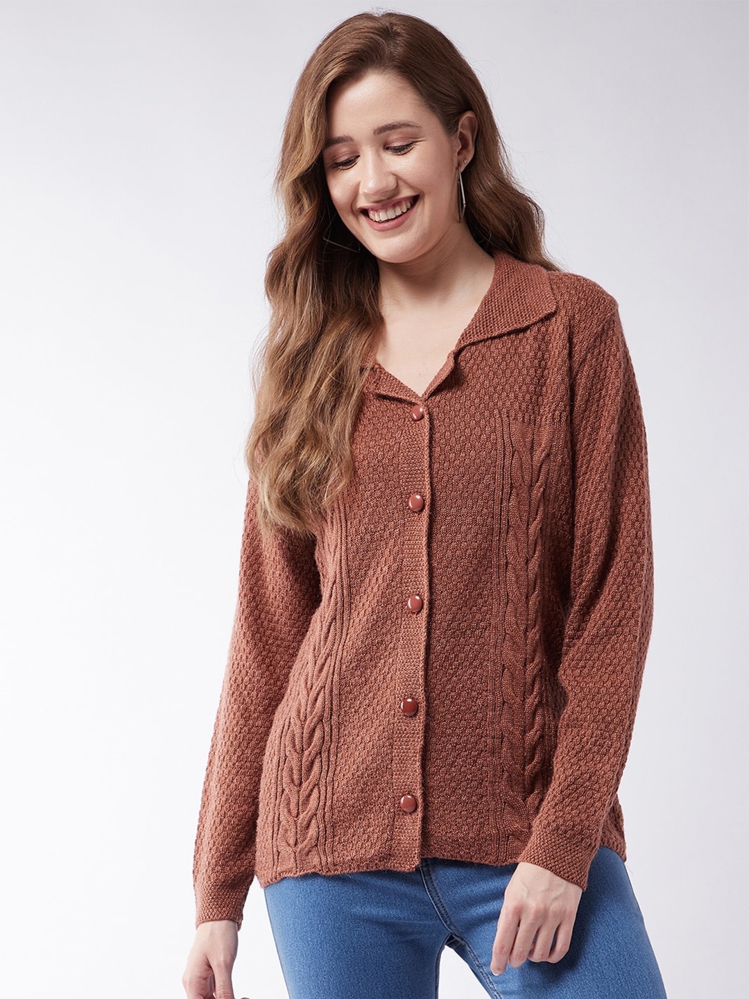 

Modeve Women Coffee Brown Cable Knit Acrylic Cardigan