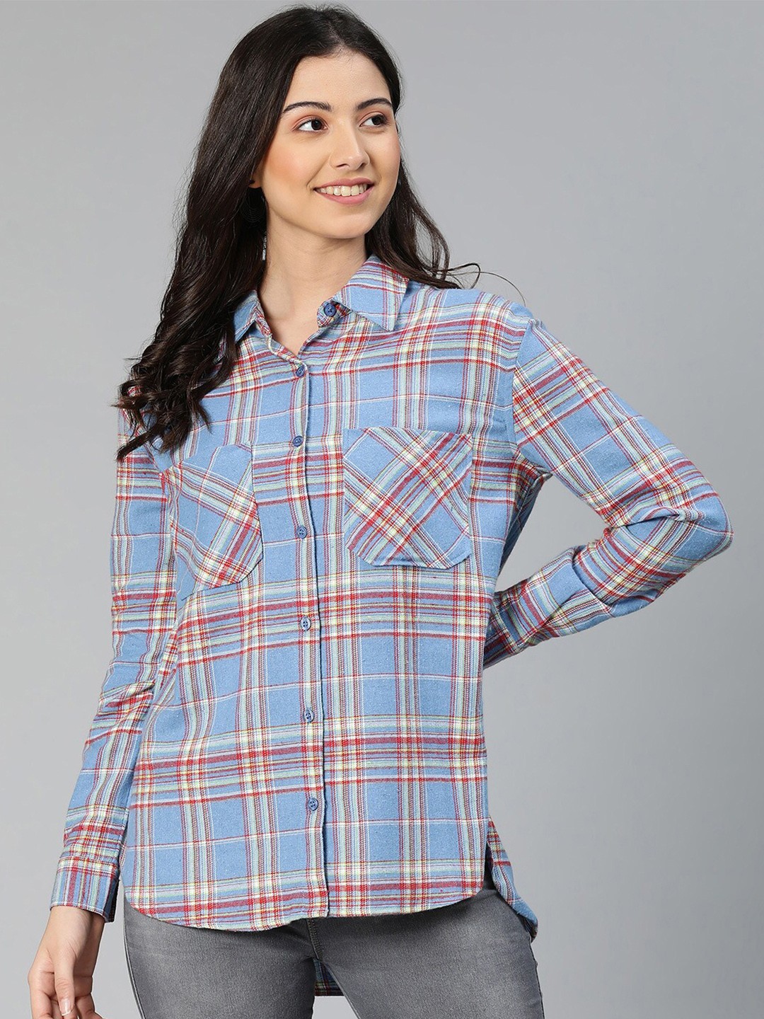 

Oxolloxo Women Blue & Red Standard Tartan Checked Cotton Casual Shirt