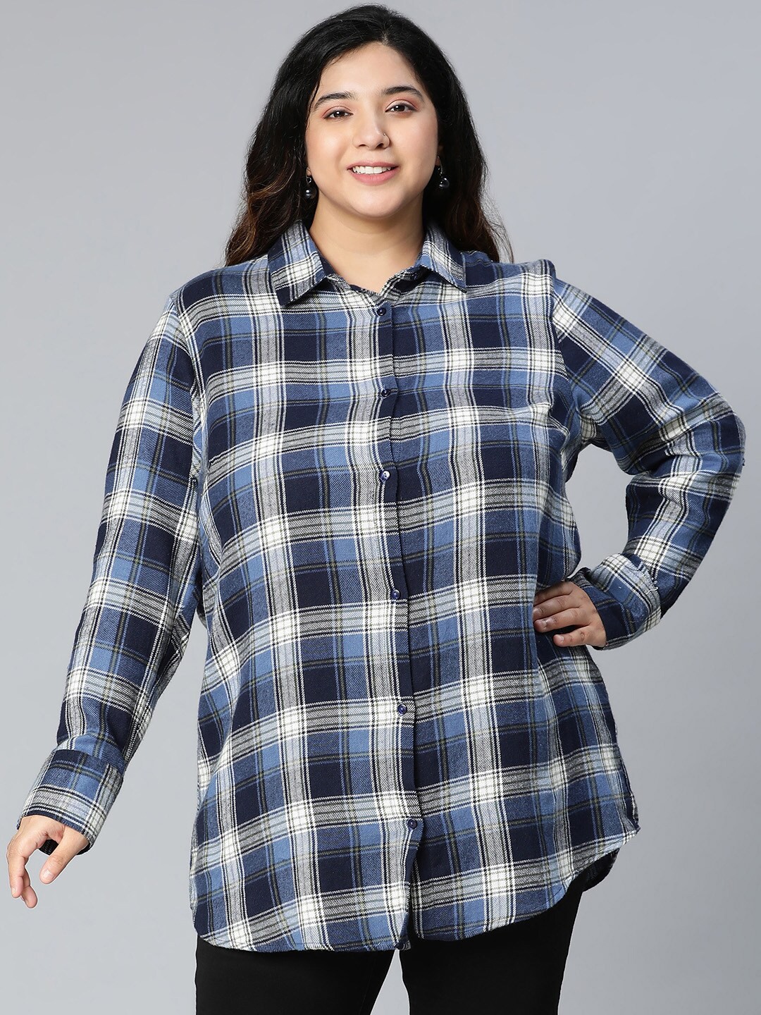 

Oxolloxo Women Navy Blue Tartan Checked Cotton Casual Shirt