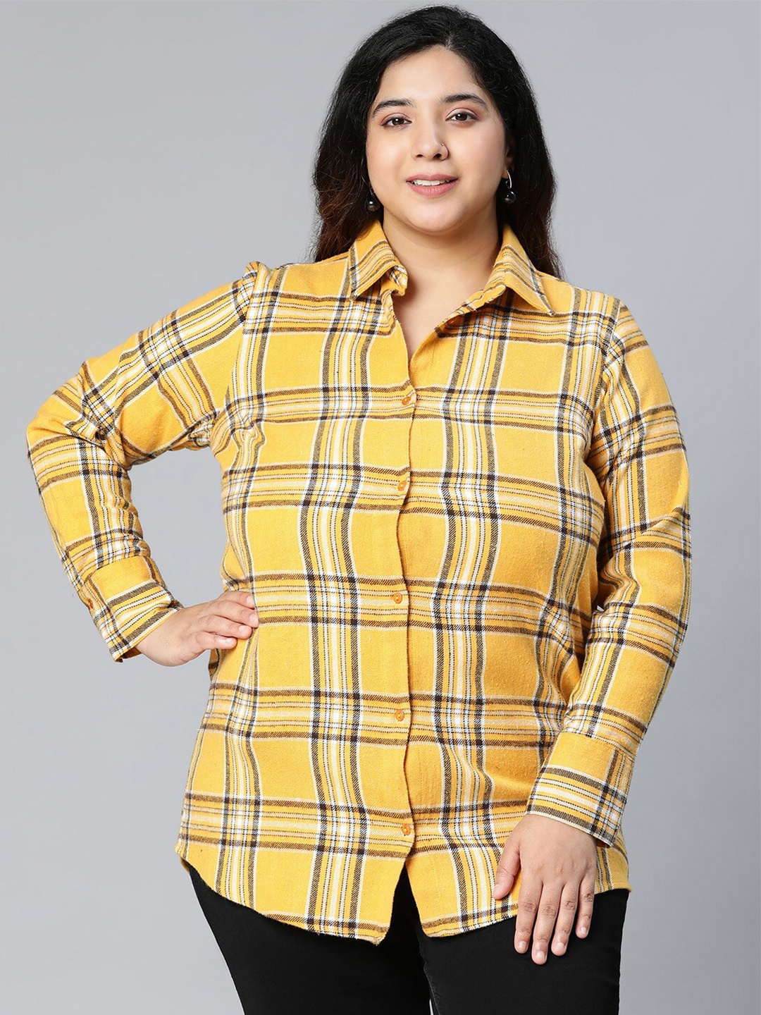 

Oxolloxo Women Yellow Tartan Checked Plus size Casual Shirt