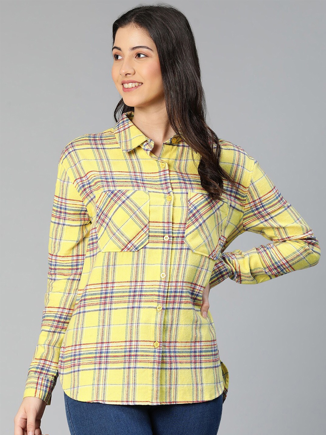 

Oxolloxo Women Yellow Standard Tartan Checked Cotton Casual Shirt