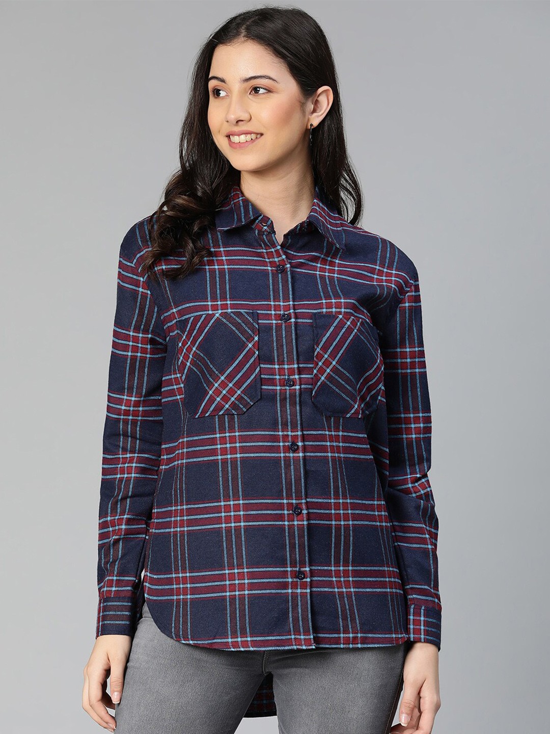 

Oxolloxo Women Navy Blue Standard Tartan Checked Cotton Casual Shirt