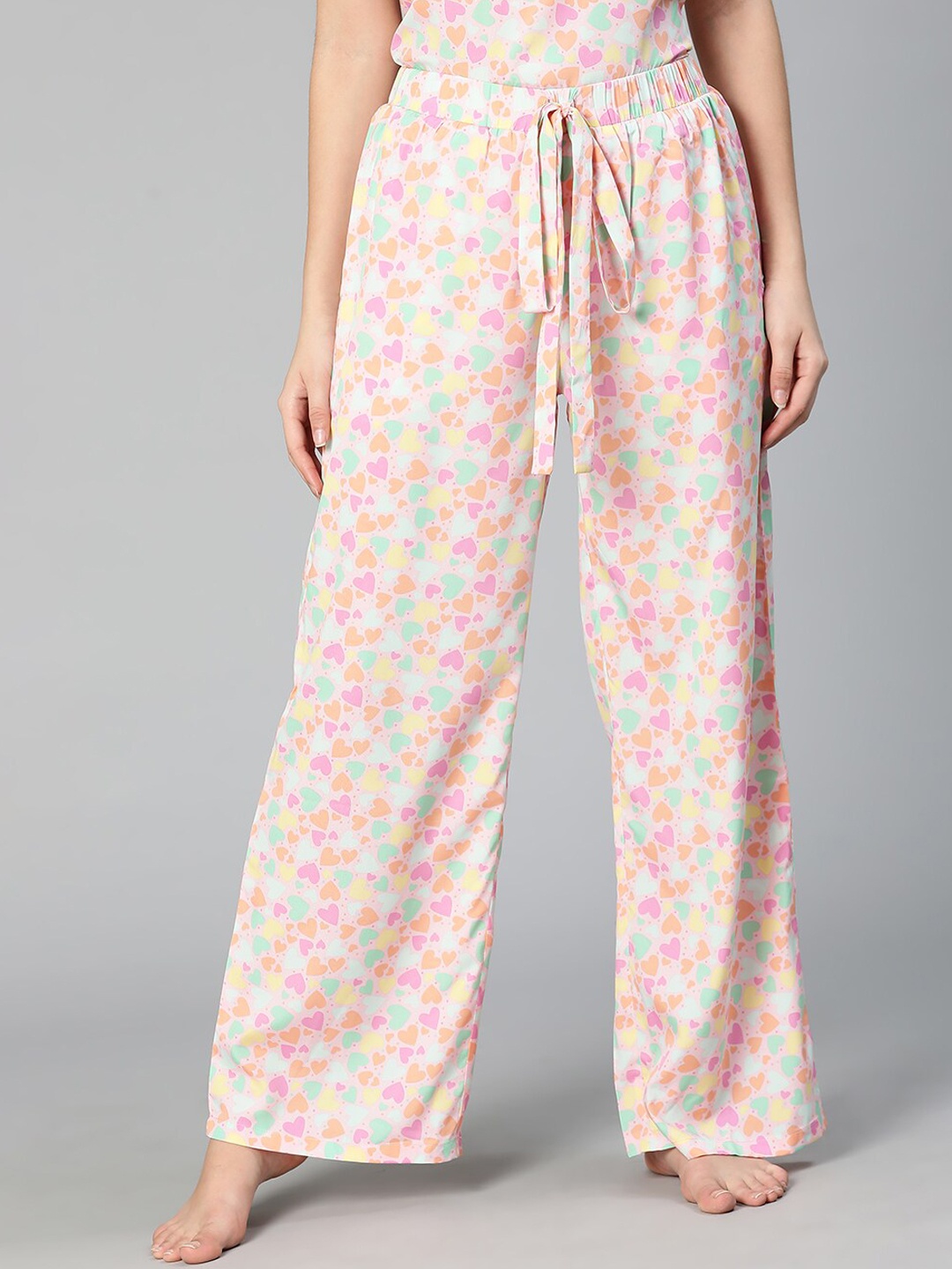 

Oxolloxo Women Pink Heart Printed Flared Lounge Pants