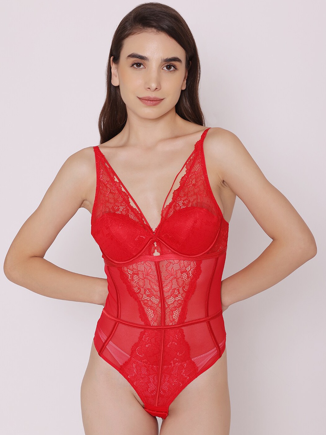 

Treasure chest Sloan: Bridal One-Piece Lace Lingerie Bodysuit, Red