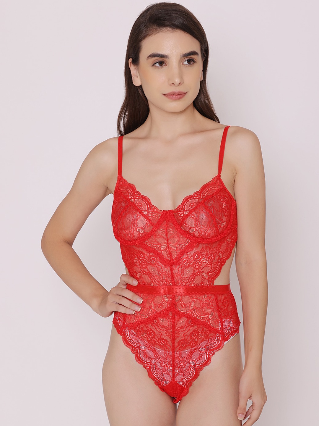 

Treasure chest Veronica Sheer Non Padded Non Wired Lace Bodysuit, Red