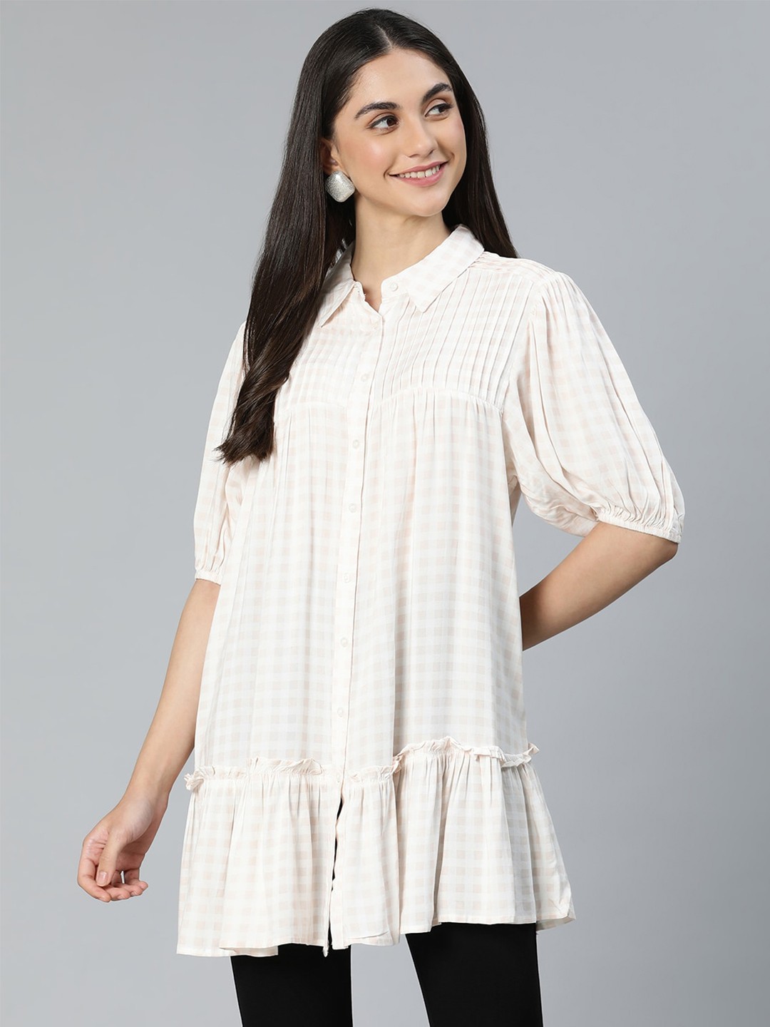 

Oxolloxo Beige Viscose Rayon Shirt Collar Checked Tunic