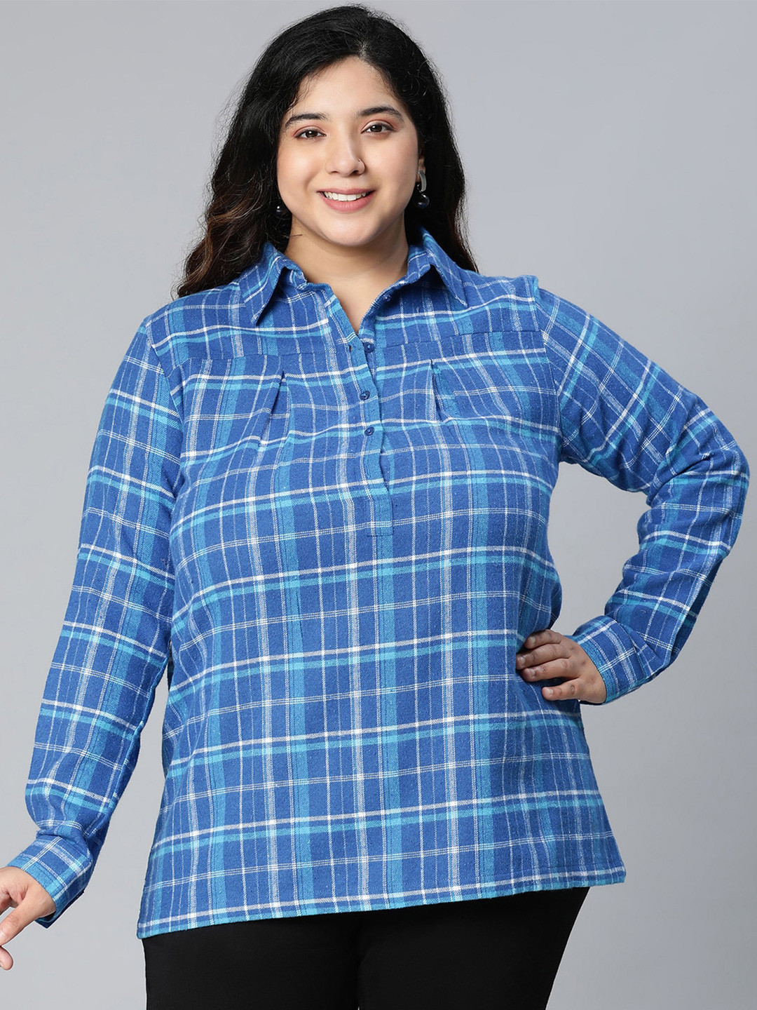

Oxolloxo Blue & White Shirt Collar Checked Cotton Tunic