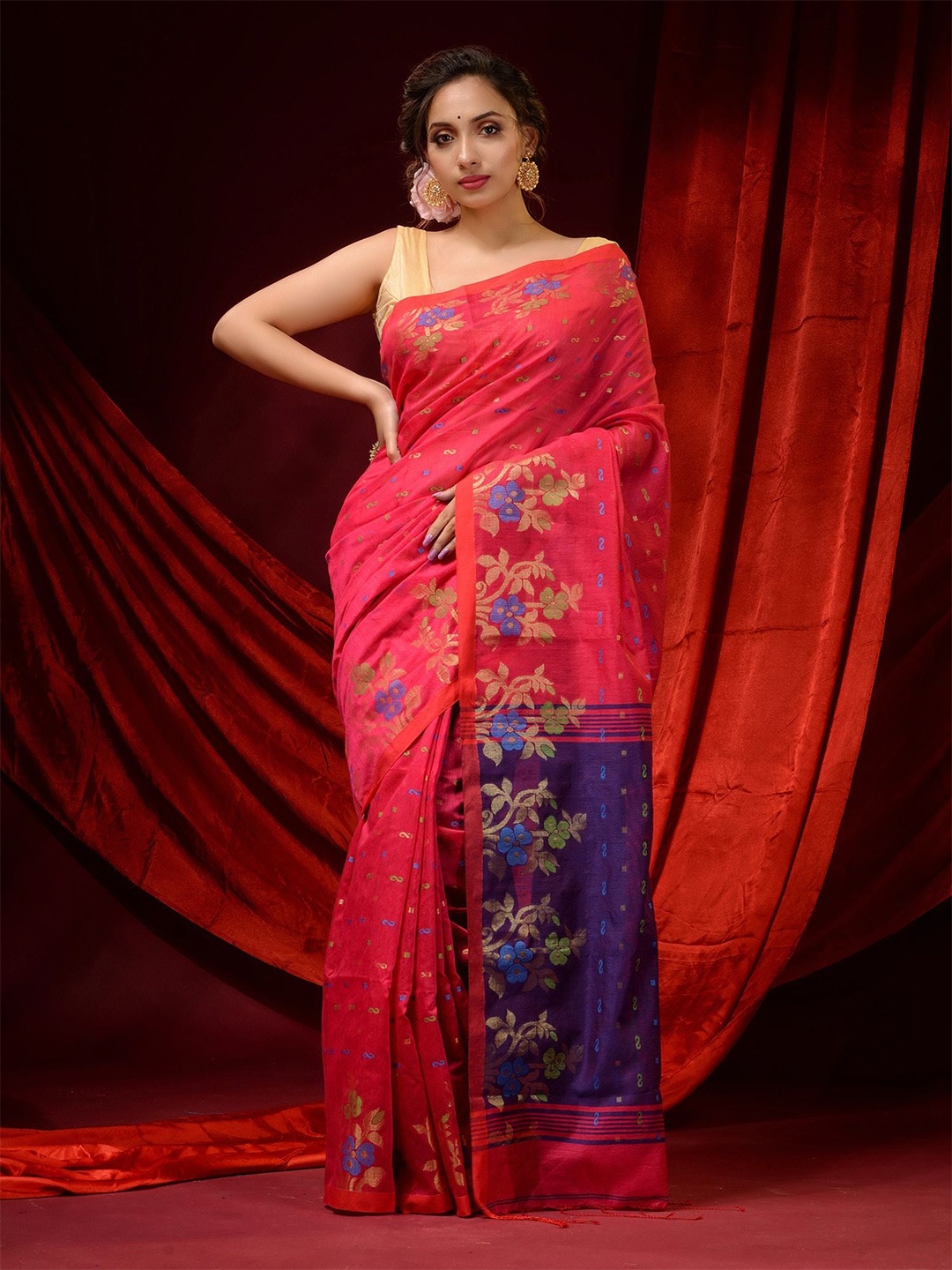 

Charukriti Fuchsia & Blue Floral Zari Woven Design Saree