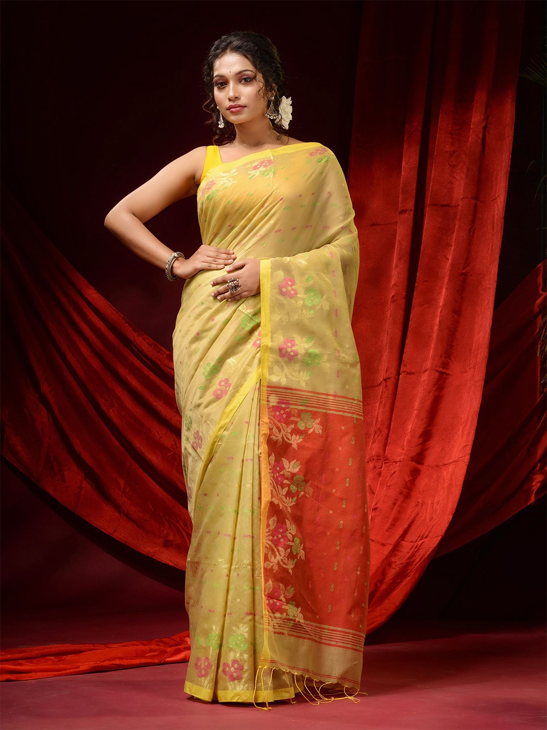 

Charukriti Yellow & Orange Floral Woven Design Saree