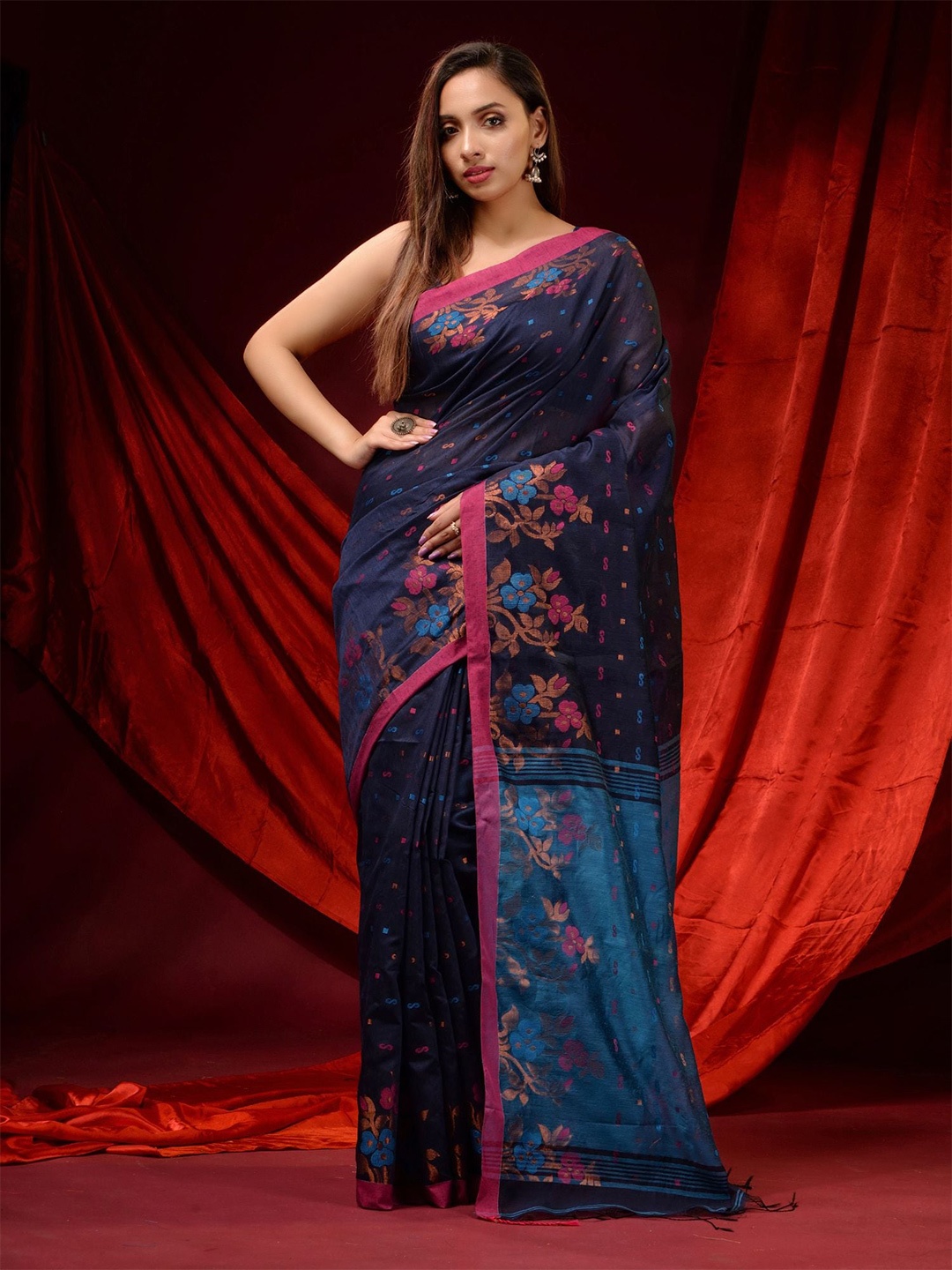 

Charukriti Blue & Gold-Toned Floral Woven Design Zari Saree