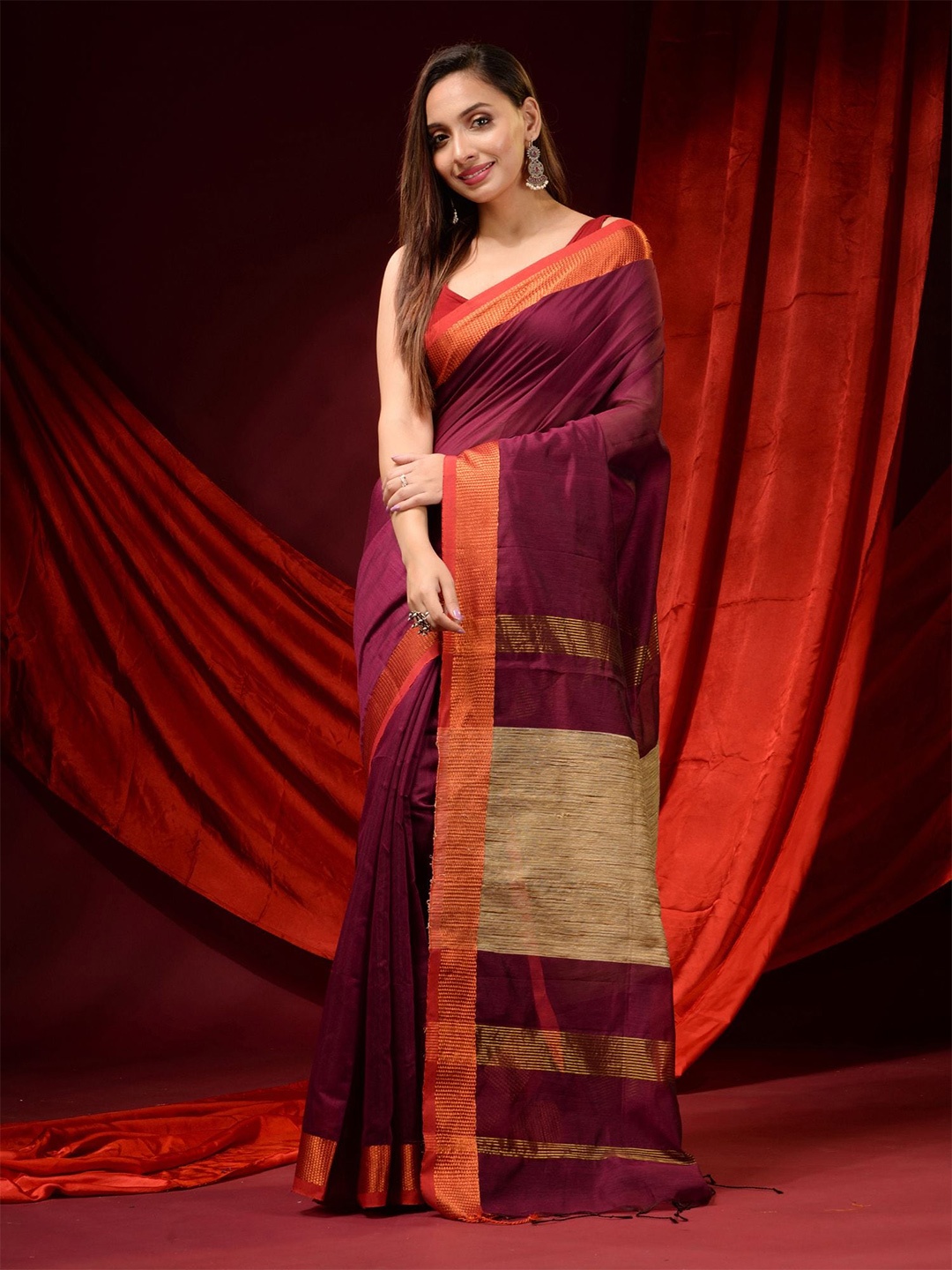

Charukriti Purple & Orange Woven Design Zari Silk Cotton Saree, Burgundy