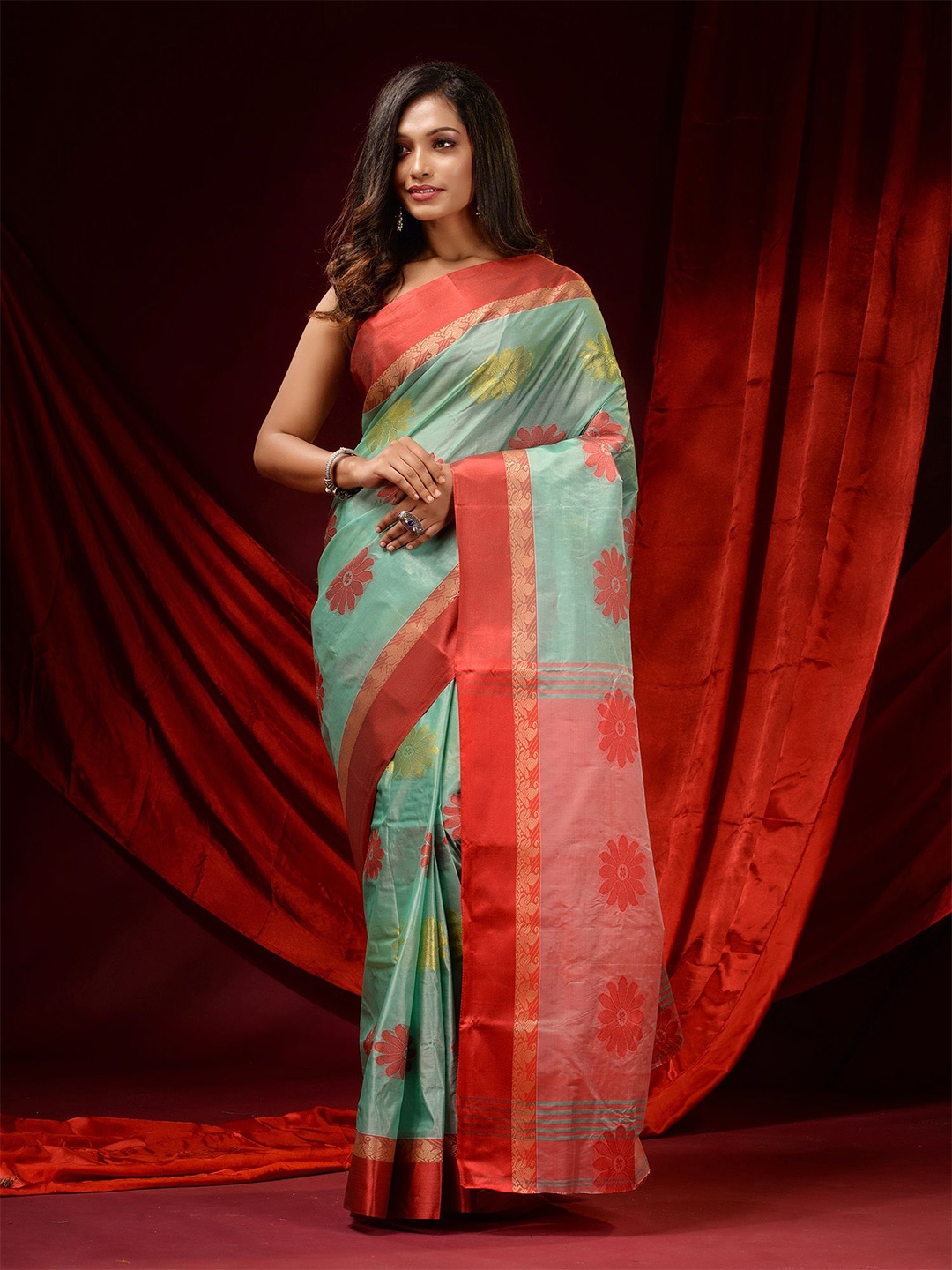 

Charukriti Green & Pink Woven Design Zari Pure Silk Tussar Saree