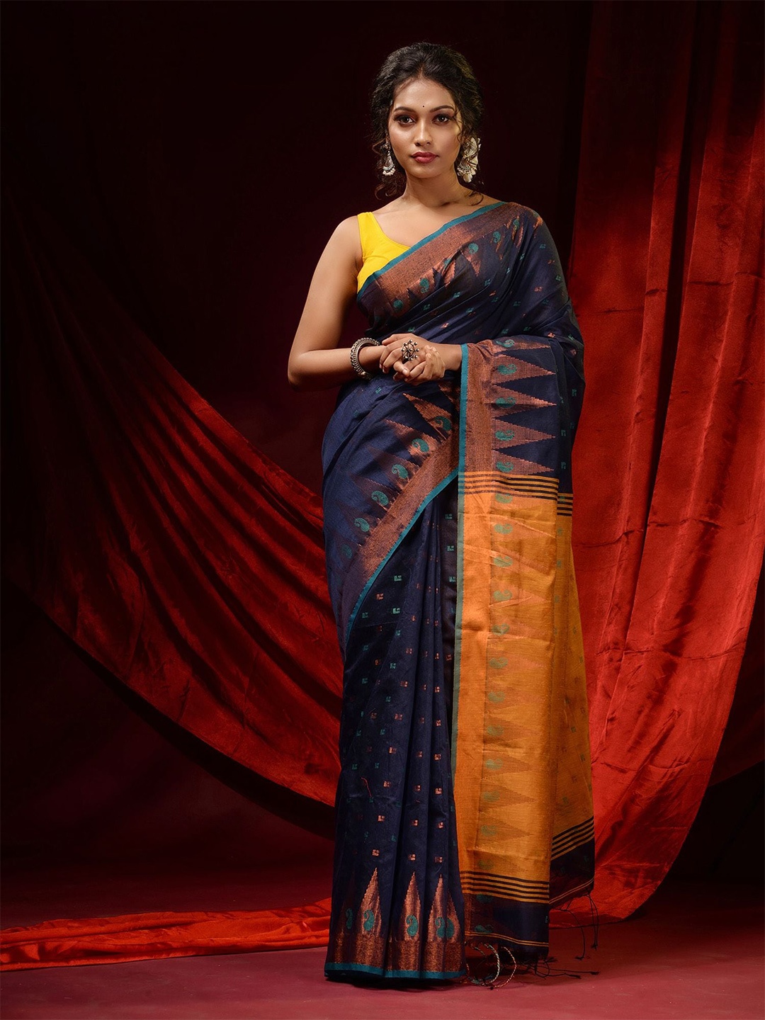

Charukriti Blue & Gold-Toned Woven Design Zari Saree, Navy blue