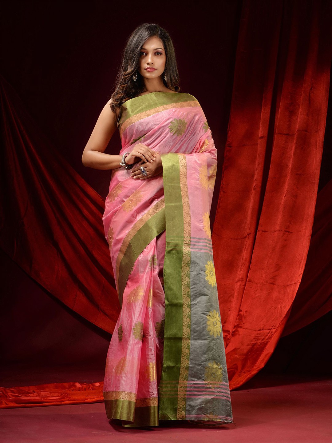 

Charukriti Pink & Green Floral Zari Pure Silk Tussar Saree