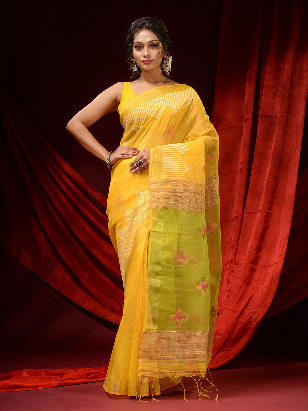 

Charukriti Yellow & Green Floral Zari Linen Blend Saree