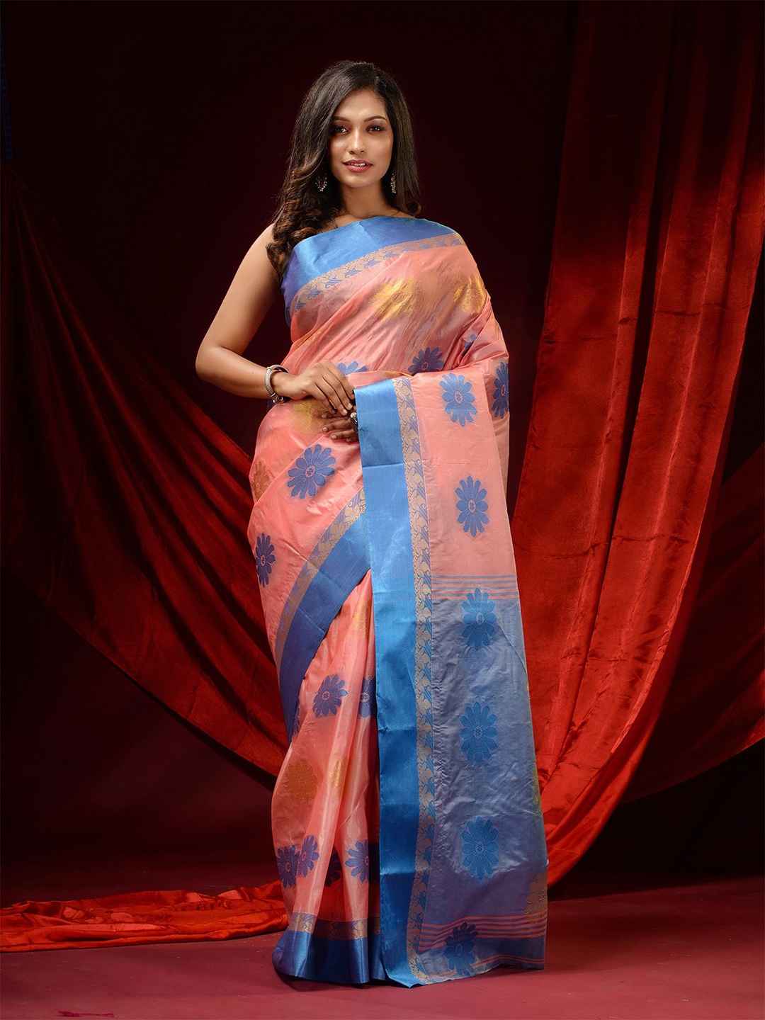 

Charukriti Peach-Coloured & Blue Floral Zari Pure Silk Tussar Saree