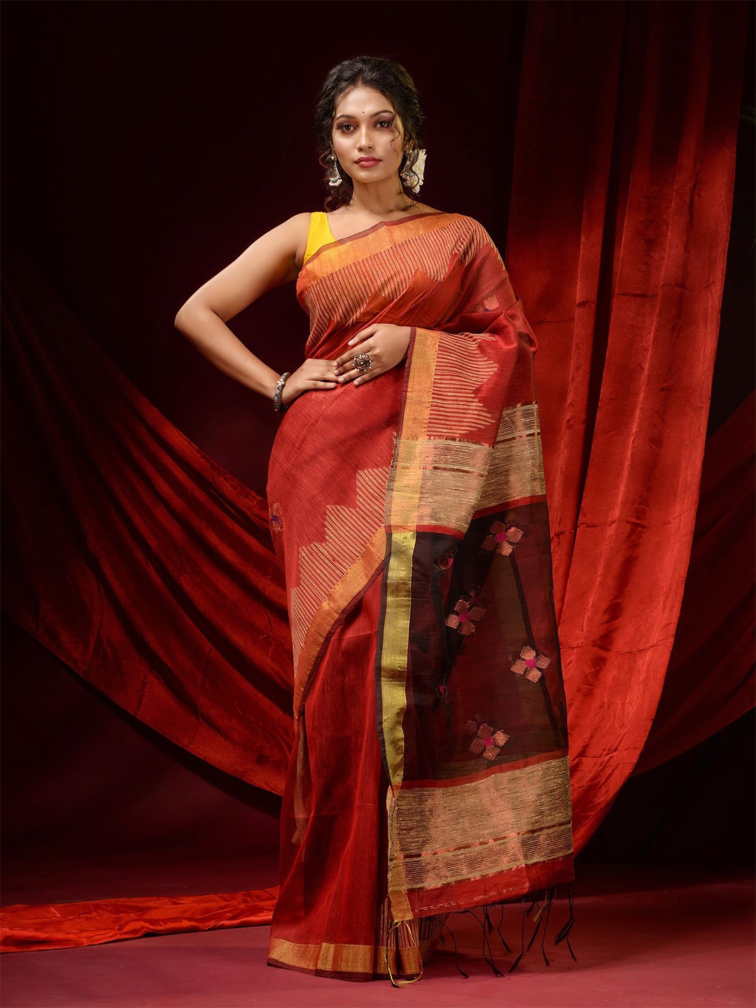 

Charukriti Red & Brown Floral Linen Blend Saree