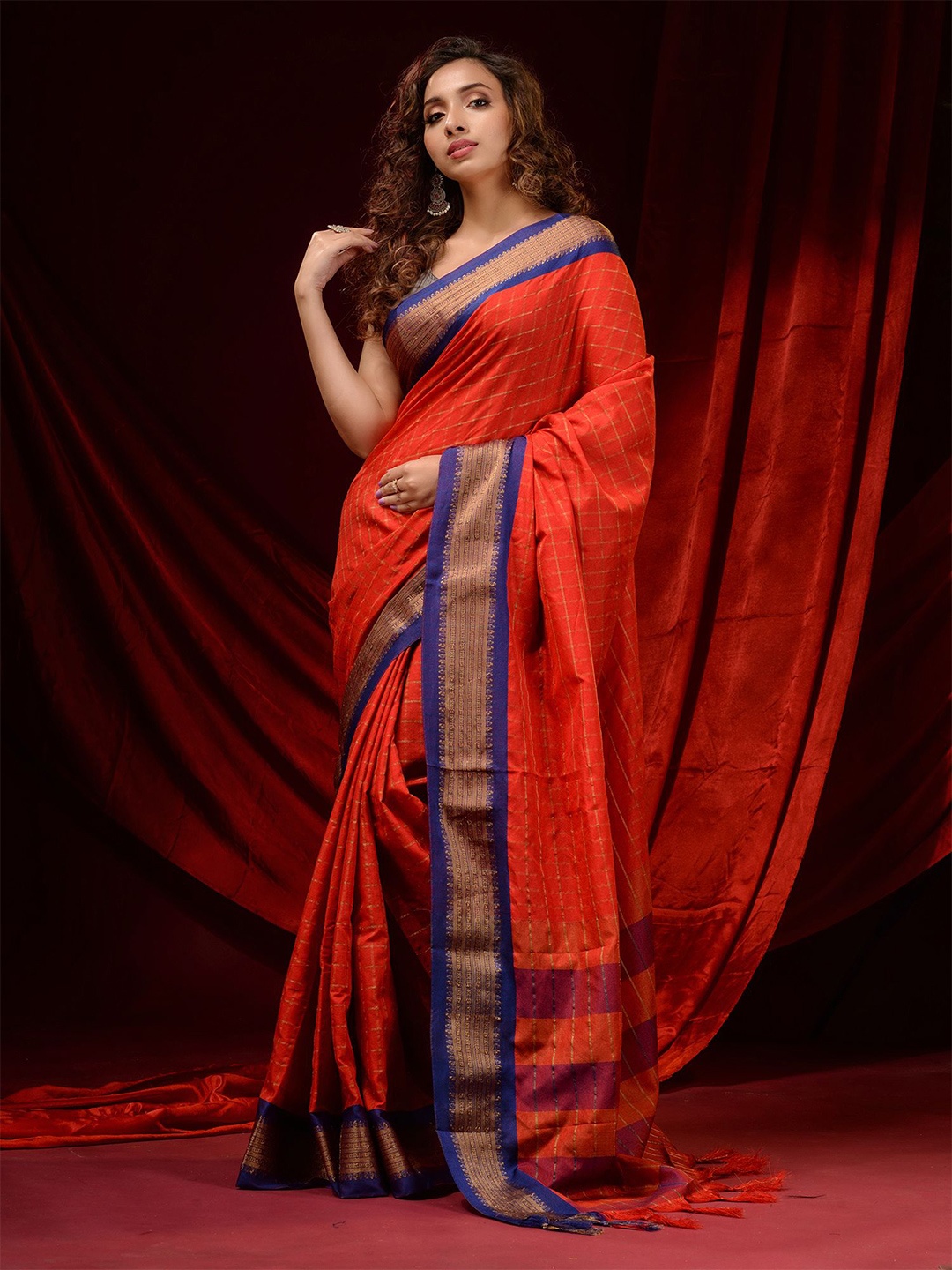 

Charukriti Red & Blue Checked Zari Silk Cotton Saree