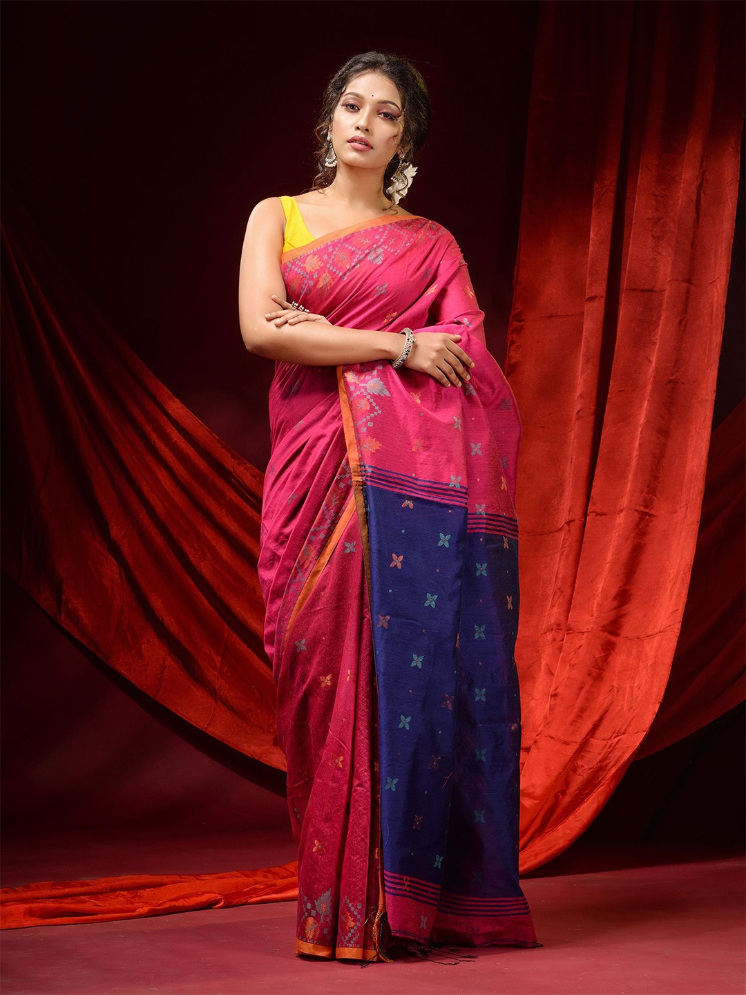 

Charukriti Pink & Blue Floral Woven Design Zari Saree