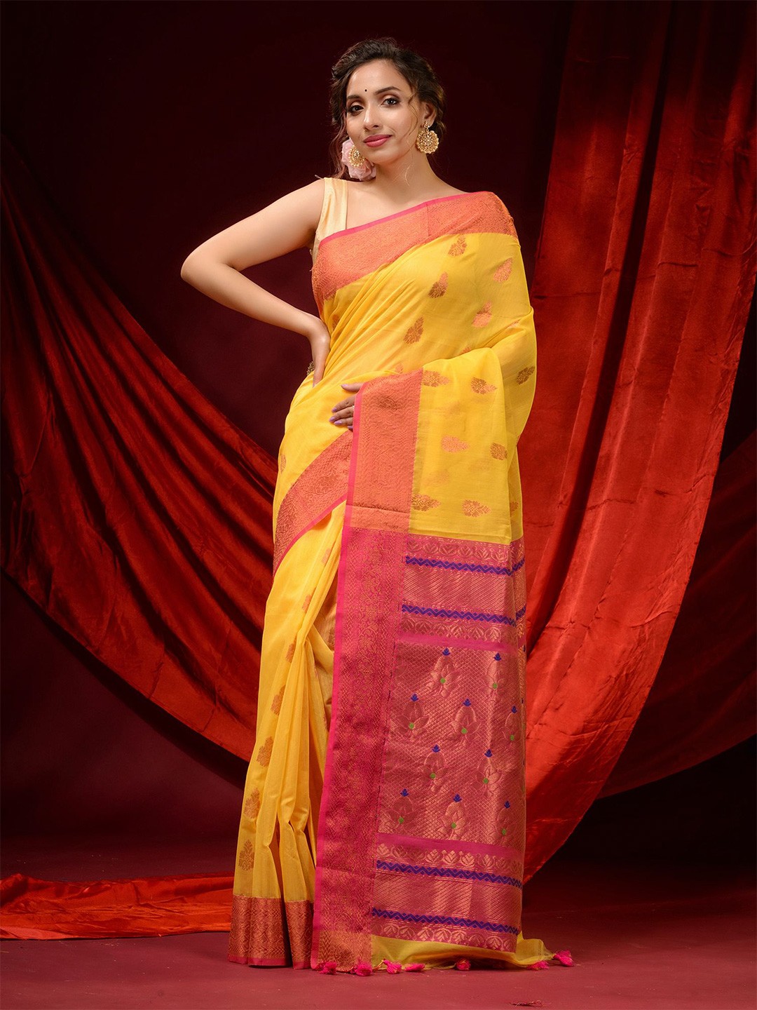 

Charukriti Yellow & Red Woven Design Zari Pure Silk Saree