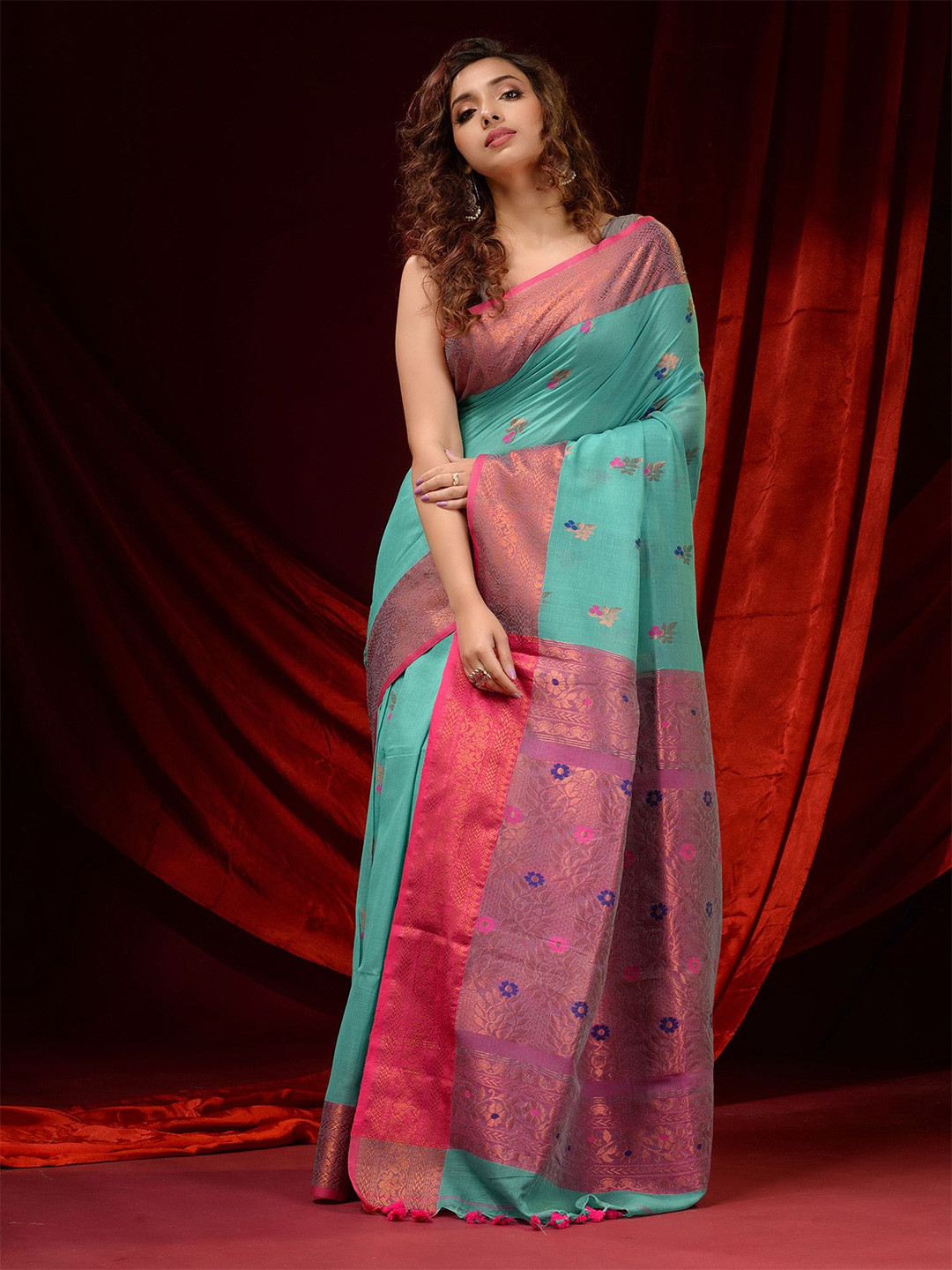 

Charukriti Blue & Pink Woven Design Zari Pure Cotton Saree