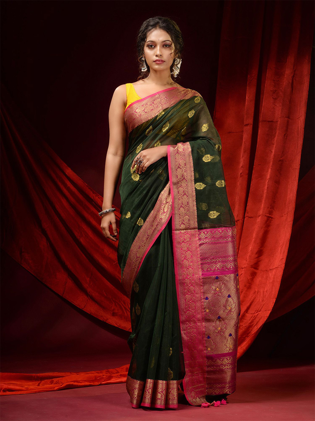 

Charukriti Green & Pink Ethnic Motifs Zari Pure Silk Saree