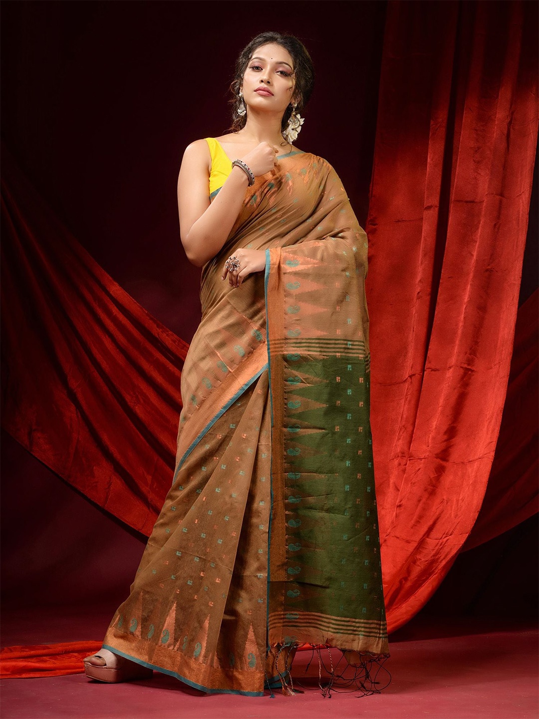 

Charukriti Beige & Green Woven Design Zari Saree