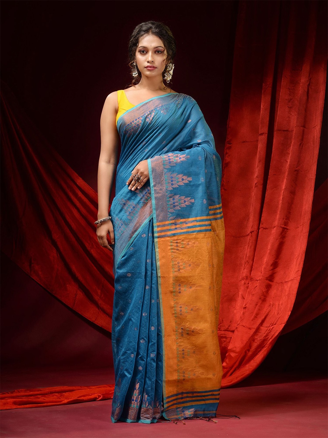 

Charukriti Blue & Yellow Woven Design Zari Saree