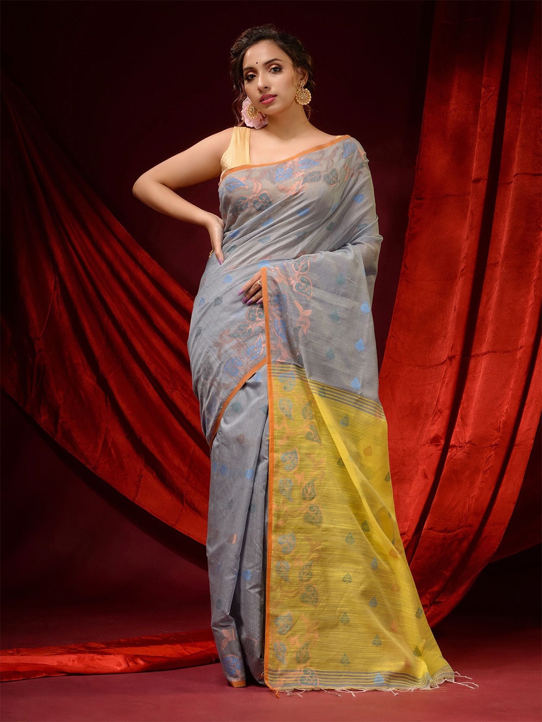 

Charukriti Grey & Yellow Woven Design Zari Pure Cotton Saree